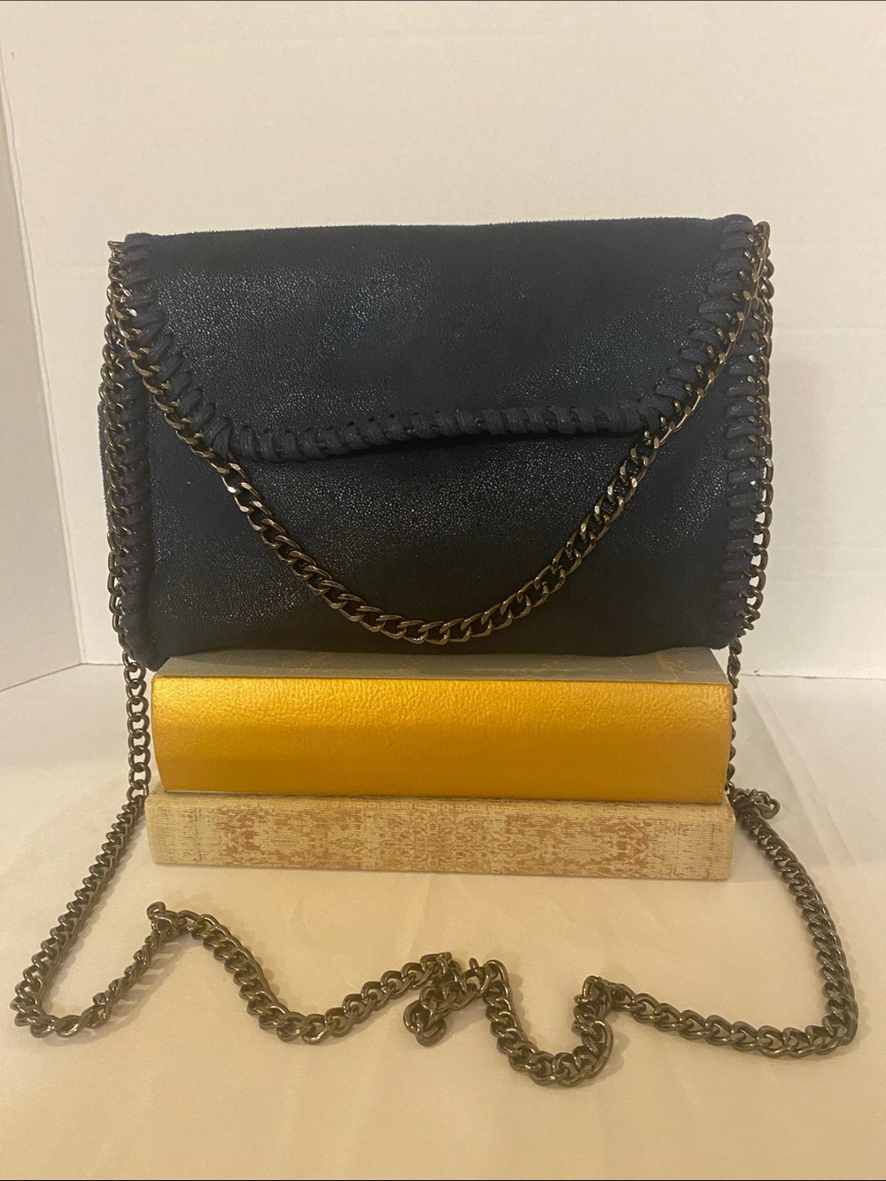 Black Chain-Trim Crossbody Bag with Fold-Over Flap